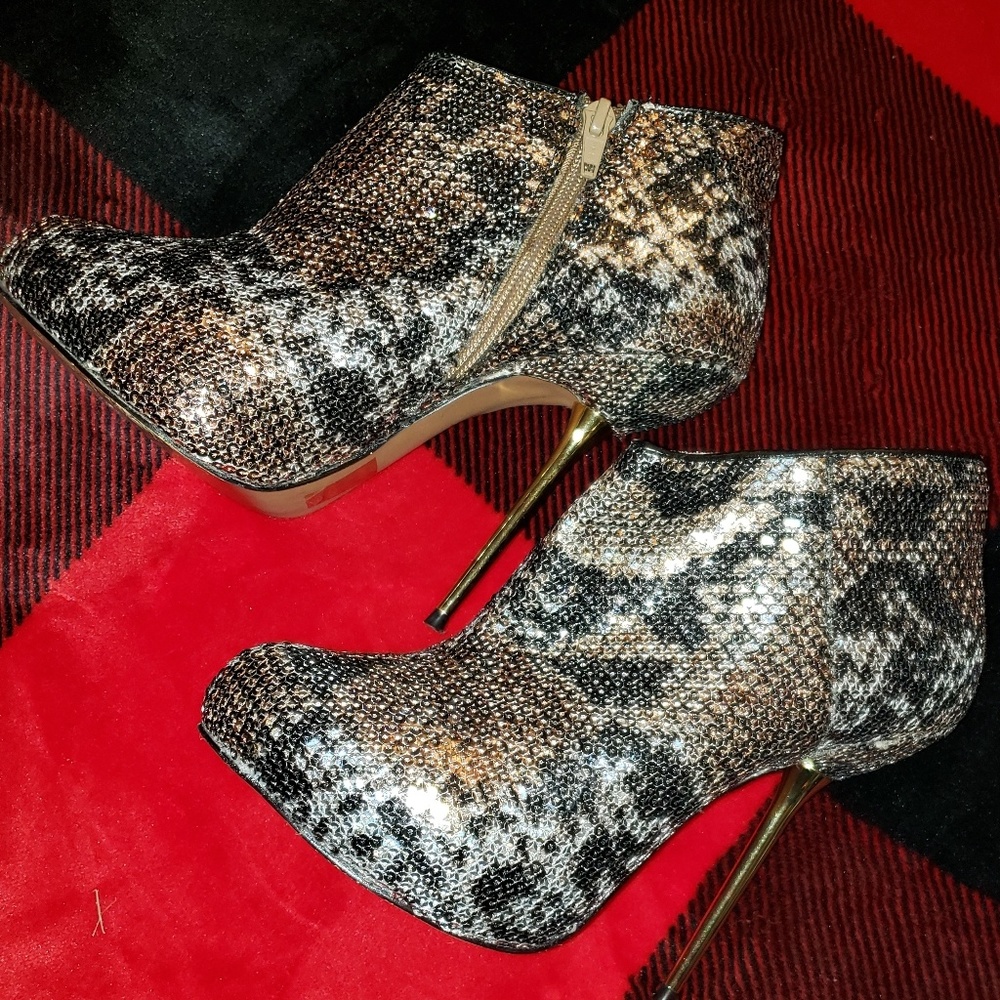 Snakeskin bling booties